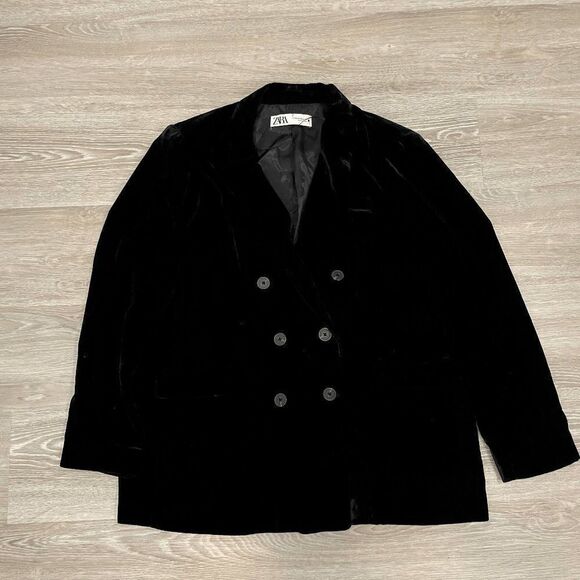 Zara Womens Coat Jacket Collared Double Breasted Vevlet Black Size 2X-Large - Picture 1 of 11